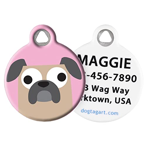 Dog Tag Art Buggy Pug Girl Personalized Pet ID Tag for Dogs, Silent Polymr Coated Stainless Steel Nametag - Small .875