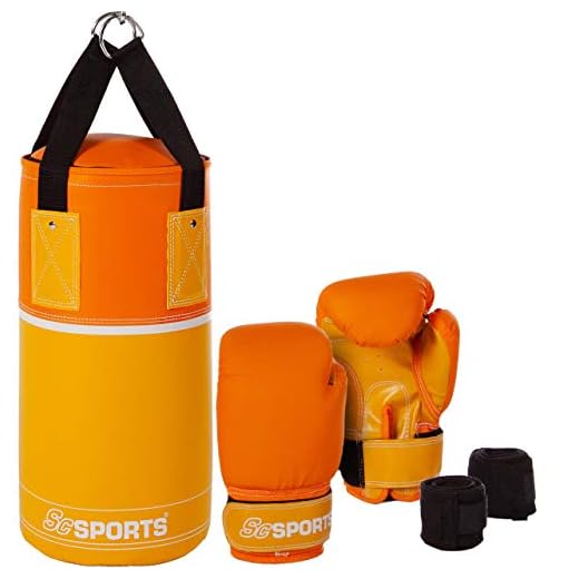 ScSPORTS Kinder Boxsack-Set, Boxsack gefüllt 2,8 kg, mit Boxhandschuhen, Boxbandagen und Tragetasche, inkl. Halterung, gelb/orange