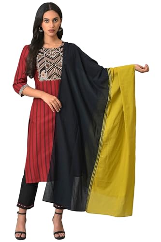 Image of W for Woman Women Silk Green And Black Colour Block Dupatta, Free Size