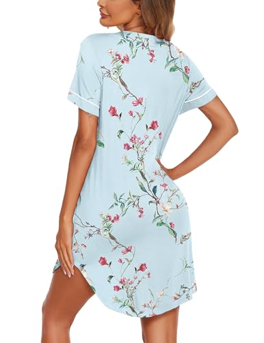Image of Ekouaer Nightgowns for Women Button Down Night Gowns Short Sleeve Sleep Shirt V Neck Nightshirt Soft Sleepwear Pajams Dress