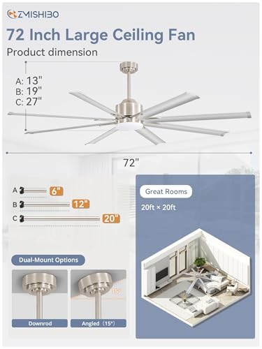ZMISHIBO 72 inch Smart Aluminium Blade Ceiling Fans with Lights and Remote, Outdoor Large Ceiling Fans with Remote/Alexa/App for Patio Living Room, Nickel Ceiling Fan, 8 Blades