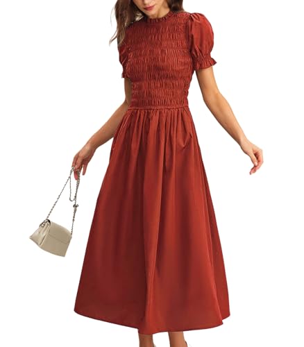 Image of RIHOAS Plaid Gingham Midi Dress Short Sleeve Smocked Dresses for Women | Cotton,Ruffle Puff Sleeves,Vintage Brown,Spring Summer Casual Daily,Picnic,Travel,Vacation,Christmas Festive Occasions