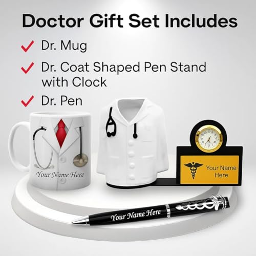 Image of ncgifts Personalized Doctors Desk Gift Set | Customized Doctor Pen, Fiber Pen Stand with Watch & Ceramic Coffee Mug | Unique Doctor Gifts for Clinic, Office & Personal Use