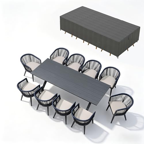 Image of PURPLE LEAF Outdoor Dining Set for 10 with Cushions PE Rattan Grey w /Cover