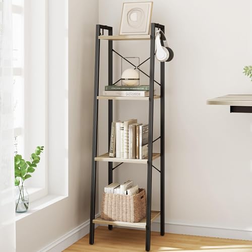 Image of Hzuaneri 4-Tier Ladder Shelf, Narrow Bookshelf, Corner Storage Shelves, Freestanding Bookcase with 2 Hooks for Home Office, Living Room, Kitchen, Bedroom, Industrial, Greige and Black BC13205B