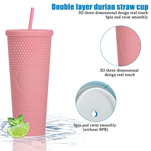 TWSOUL Studded Cup Tumbler 710ml Studded Tumbler with Lid and Straw Reusable Cold Cup for iced Coffee Double Walled Plastic Water Bottl (Dark Green) - Image 3