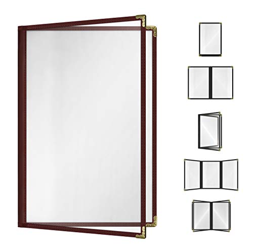 Goodsmart Restaurant Menu Covers – 25 Pack Burgundy 4-View 8.5" x 14", Side-Loading Vinyl &amp; Plastic Menu Holders, Clear Menu Sleeves, Leather-Style Café Covers with Gold Corners