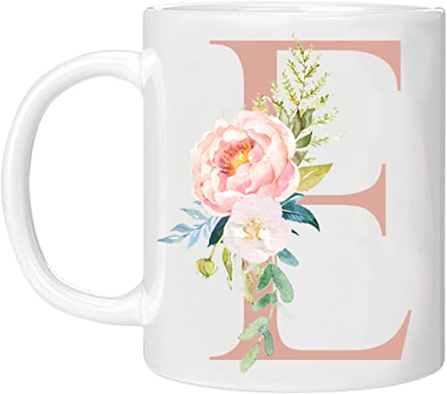 MOBILE STUFF Personalised Floral Mug Letter E -Any Alphabet 11oz Ceramic Coffee/Tea Cup Gift for Christmas, Birthday, Secret Santa, Mother’s Day or Father’s Printed Glitter, NOT Real Glitter (Rose E)