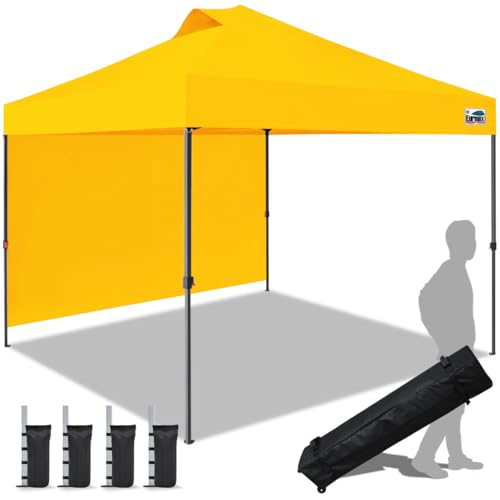 Image of Eurmax USA NOMATTER ONE-Person Open&Close 10x10ft Pop Up Canopy Tent,Portable Shelter Canopy for Outdoor Events with 1 Removable Sidewall,Instant Canopies,Bonus 4 Sand Bags(Golden)