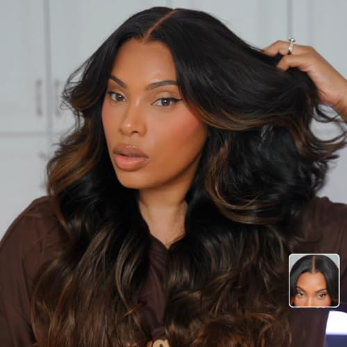 Image of Beauty Forever Bye Bye Knots Wig 7x5 Glueless Lace Black to Chestnut Brown Ombre Loose Wave Wig with Bleached Knots Put on and Go Pre Plucked Pre Cut HD Lace Wig for Women 150% Density 20 Inch