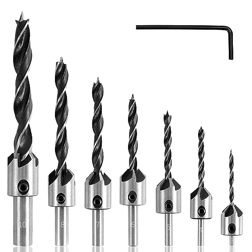 7pcs Foret Bois avec Fraise en Acier, Foret Fraisé à Chanfrein Conique 5 Flûte Alésoir de Menuiserie Hélicoïdal, Mèche à Fraiser par Simple Desserrer et...