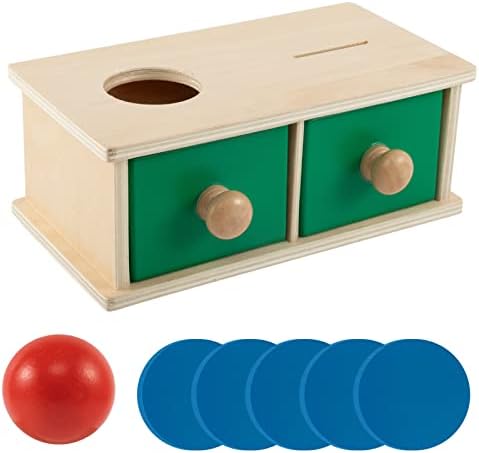 2 in 1 Montessori Wooden Coins Balls Matching Box with 2 Drawers- Wood Coin Box with 5 Coins Object Permanence Box with 1 Wood Ball Preschool Learning Toys for Baby Toddler Infant Educational Gifts