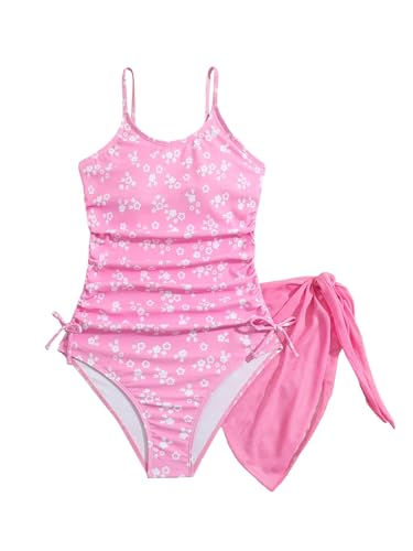 Milumia Girl's Ditsy Floral One Piece Swimsuit Ruched Spaghetti Strap Bathing Suit with Coverup Skirt