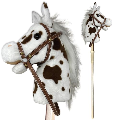 Image of Nature Bound Stick Horse | Plush Handcrafted Hobby Horse | Stick Pony Provides Fun Pretend Play for Toddlers & Preschoolers | Handsewn, Wood, Sound Effects | Pinto Style