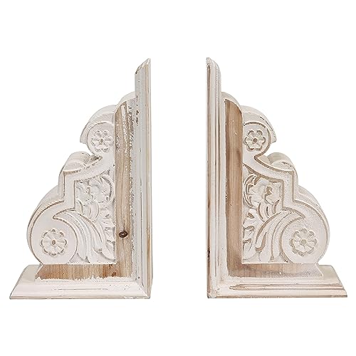 1 Pair Rustic Distressed Finish Wood Bookends, White Bookends Decorative Unique, Carved Pattern...