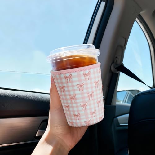 Image of Reusable Insulated Sleeve for Iced Coffee Cup, Coffee Neoprene Sleeve for Cold & Hot Drinks, Beverage Holder for Iced Coffee (Lovely Bows, Small: 16-18oz)
