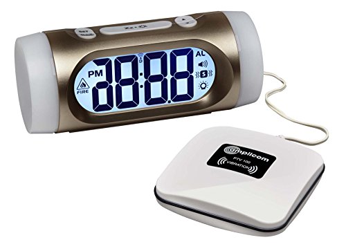 Amplicomms 908003 tcl350, Gran Pantalla de Alarma de Reloj con Ajuste de Tiempo, lautem automática y superhellem Luz Señal Incluye Vibrations Cojín de Color Blanco/Oro Cover