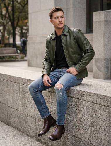 Image of Vintage Leather Jacket Men - Real Lambskin Turndown Collar Mens Leather Jacket