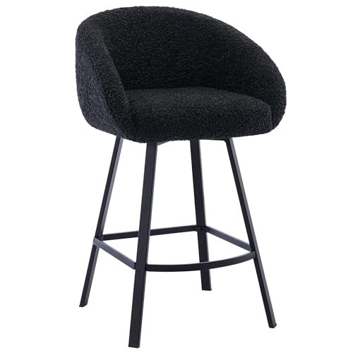 Image of Zesthouse Swivel Counter Height Stool, Modern Single Bar Stool for Kitchen Island, 26'' Black Sherpa Kitchen Counter Height Chair with Barrel Arms & Back, Upholstered Fabric Bar Chairs with Metal Legs
