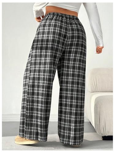 SHENHE Women's Plus Size Wide Leg Plaid Pants Drawstring Waist Y2k Loose Lounge Baggy Trousers3