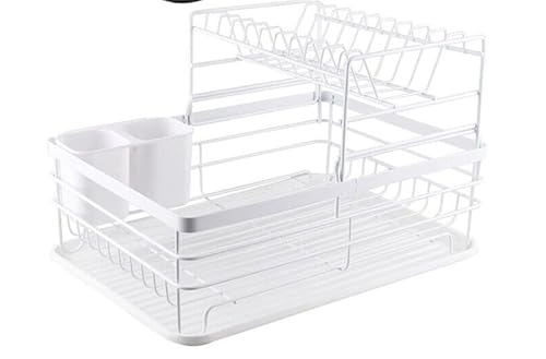 ATLION 2 Tier Kitchen Sink Dish Drainer Rack with Drip Tray Cutlery Holder Plate Rack U White