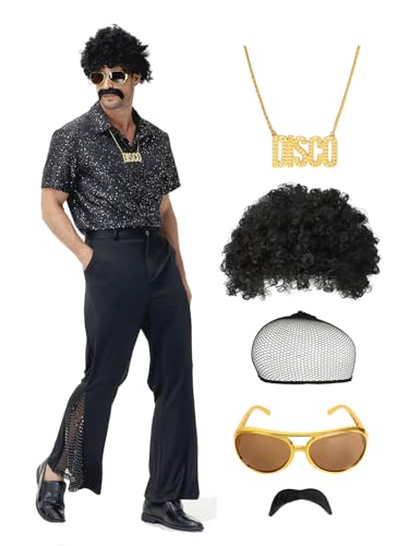 70er Jahre Outfit Herren, 70er Disco Retro Kostüm Hemd und Schlaghosen mit Perücke Sonnenbrille Schnurrbart Halskette Perückenhaar Netz (Schwarz - A, XL)