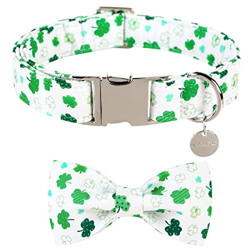 UP URARA PUP St. Patrick's Dog Collar with Bow Tie, Cotton Bowtie Collar for Small Girl Boy Dog, Durable Metal Buckle Pet Collar with Lucky Shamrock, Green and White, S, Spring