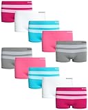 Reebok Girls' Boyshorts Underwear - 10 Pack Soft Seamless Girls Panties Boy Shorts - Breathable Panties for Girls (6-16), Size 12-14, Fuchsia Stripes/White/Aqua Stripes/Pink/Sharkskin Stripes