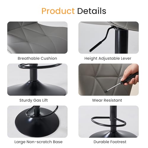 Image of HealSmart Bar Stools Set of 2, Adjustable Faux Leather Swivel Bar Stools, Counter Height Bar Chairs with Back for Kitchen Island, 360 Swivel, 300 lbs Capacity, Grey