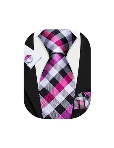 Image of Barry.Wang Mens Tie Set Plaid Check Neckties Formal Business Wedding Luxury Pocket Square Cufflinks