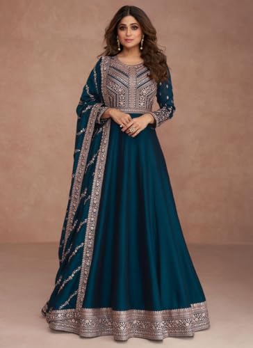 Image of Girl's Fashion Hub's Anarkali Gown with duaptta Set for Women, Chinon Silk Fabric || Ethnic Gown for Women
