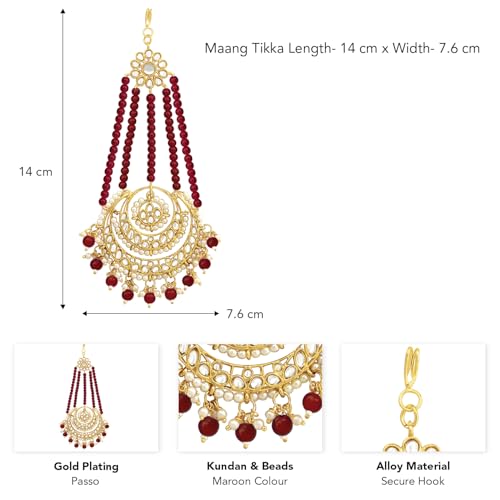 Image of Peora Gold-Plated Kundan Pearl Studded & Beaded Passa /Matha Patti Jewellery for Women & Girls