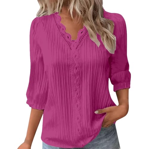 Spring/Summer : Elegant Cut Out 3/4 Sleeve Blouse for Women | Fashionable Resort Women's Woman (XXXL) R Hot Pink