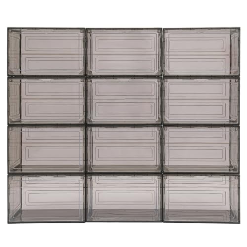 12 cajas de zapatos magnéticas acrílicas, transparentes, acrílicas, apilables, de plástico, cajas para zapatillas, magnéticas, laterales abiertas, con tapa, aptas para 34 x 27 x 22 cm (negro-marrón)