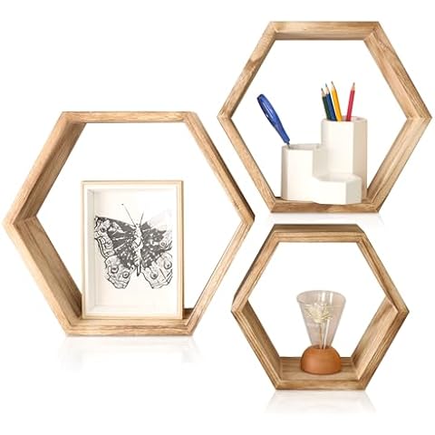 BEARDO DECOR 3-Pack Hexagon Shelves for Wall Wood Floating Shelves Honeycomb Shelves for Wall Wooden Shelves for Bathroom Kitchen Bedroom Living Room Floating Wood Shelves for Home Decor (Light Color) Cover