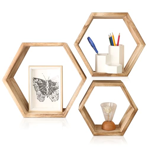 3-Pack Hexagon Shelves for Wall Wood Floating Shelves Honeycomb S...
