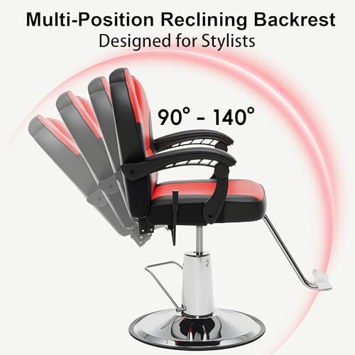 Image of Barber Chair with Heavy Duty Hydraulic Pump, Salon Chair for Hair Stylist, 360 Swivel 90-140 Backrest Reclining Chairs, Portable Height Adjustable Hair Chair for Barbershop (Red-Plain)