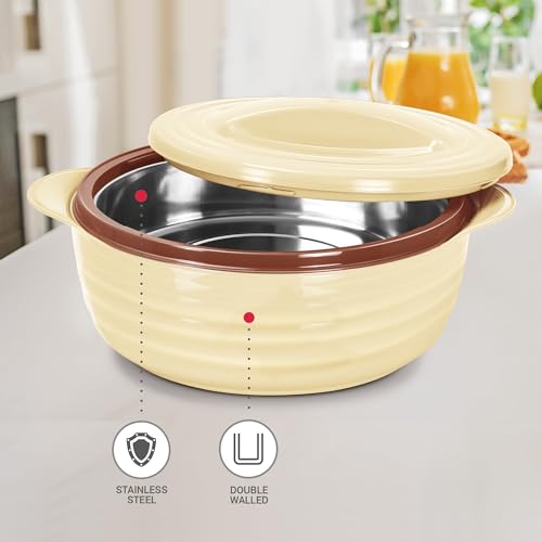 Image of MILTON Aspire 2500 Serving Casserole, Double Walled Inner Stainless Steel, PU Insulated Kitchen Hot Pot, Keeps Food hot & Fresh for Roti, Biryani, 1875 ml, Beige