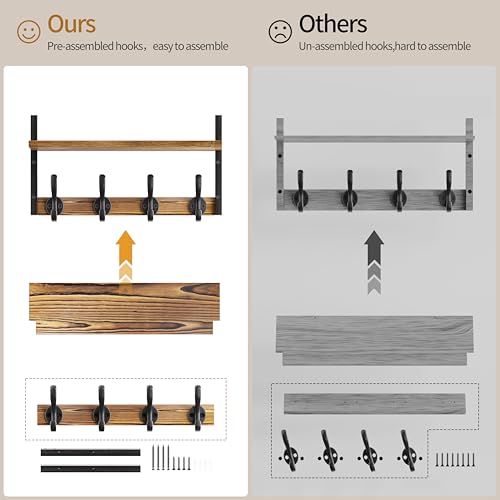 Image of 33 inch Coat Rack Wall Mount with Shelf, Entryway Wall Hooks with Shelf, Heavy Duty Coat Hanger Wall Mount for Living Room, Bedroom, Rustic Brown & Black