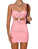 BORIFLORS Women's Sexy Bodycon Cut Out Ruched Backless Spaghetti Strap Mini Club Party Dresses, Small, Pink