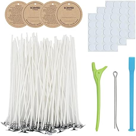 CandMak Candle Wick Kit, 60pcs Candle Wicks with Wick Stickers, Wick Holders and Candle Tags for Candle Making (Thick 4"+6"+8")