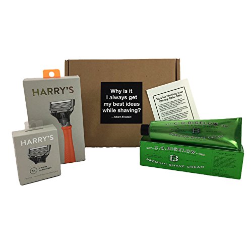 Harrys Shaving Gift Box Kit: Mens Orange Razor (2 Razor Cartridges and Travel Blade Cover), Package of 4 Harrys Blade Refills, 5.2 oz Tube of C.O. Bigelow Premium Shave Cream and Shave Tips