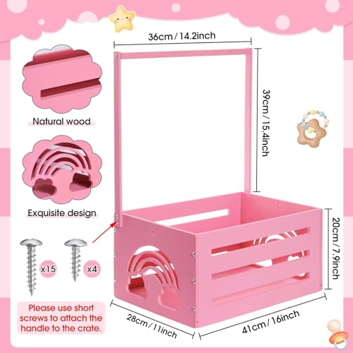 Image of Yerliker Wooden Baby Shower Crate Closet Baby Shower Gifts Basket Storage Crate Hamper with Handle Personalized Basket for Newborn Boys Girls Pregnancy Gifts(Pink,Cloudy, Rainbow)