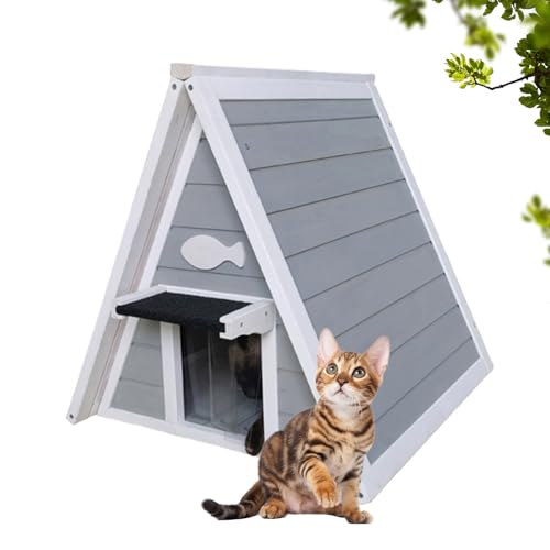猫 ハウス 犬小屋 キャットハウス 猫ハウス 屋外 室内 防水 おしゃれ 天然木製 猫小屋 透明窓 ドアカーテン付き ペットハウス 防寒 雨よけ 防風 防雨 通気性 野外猫ハウス 野良猫ハウス 避難所 四季通用 簡単な組み立て (グレー, 54cm×奥行き