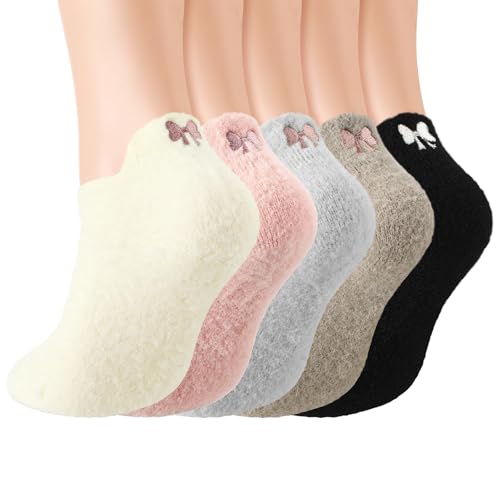 5 Pair Women Bow Fuzzy Socks Stuff Coquette Pink Cozy Fluffy Ankle Slipper Socks for Women Girls Preppy Stuff