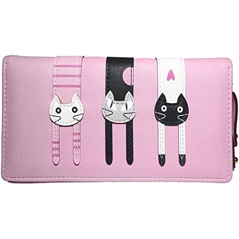 Women's Cartoon Cat Purse, Cat Decoration Zip Purse, Leather Small Purse with Zip, Gifts for Girls (Pink) Cover