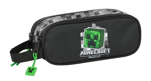MINECRAFT - Portatodo Doble Niño, Estuche Infantil, Estuche Niño, Ideal para Niños en Edad Escolar, Cómodo y Versátil, Calidad y Resistencia, 21x6x8 cm, Color Negro/Gris/Verde