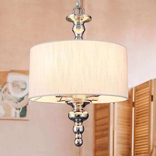 Cawabien Classic Drum Pendant Lighting Fixture, 4-Light Linen Fabric Shade, Semi Flush Mount Ceiling Lights, Polished Nickel Chandelier For Foyer Entryway Hallway Dining Room（Dia 11.75''） #TOP28
