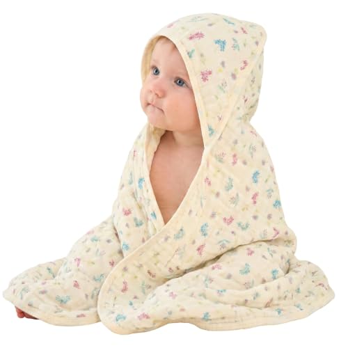 Image of Muslin Baby Hooded Towel, Wildflower Floral, 32 inchx32 inch | 70% Organic Cotton & 30% Viscose from Bamboo, 6-Layer Fabric, Soft for Bath & Beach, Eco Kraft Gift Box