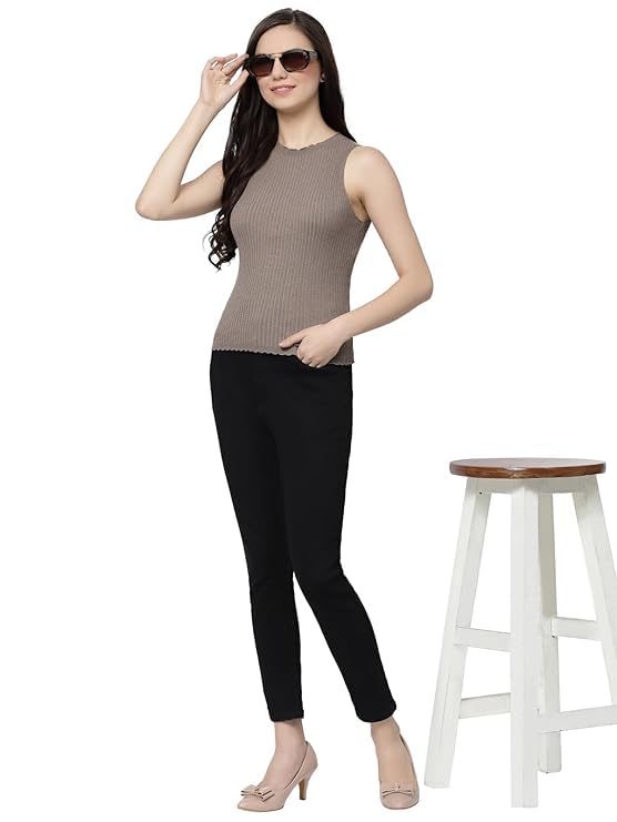 Image of Kalt Womens Knitted, Ribbed Cotton Fitted Sleeveless Round Neck Cami Tank Top